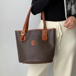 Vintage Céline brown Macadam Triomphe coated canvas tote with tan leather trim